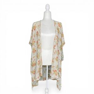 Poetry Sheer Floral Kimono Cardigan Cream Orange Lightweight Boho Layer, Size M